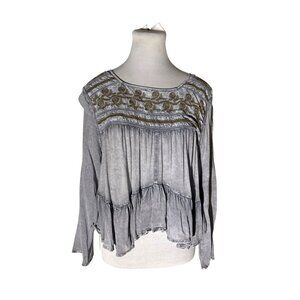 Bohera Moana Boho-Style Cropped Embroidered Dove Gray Top Size L